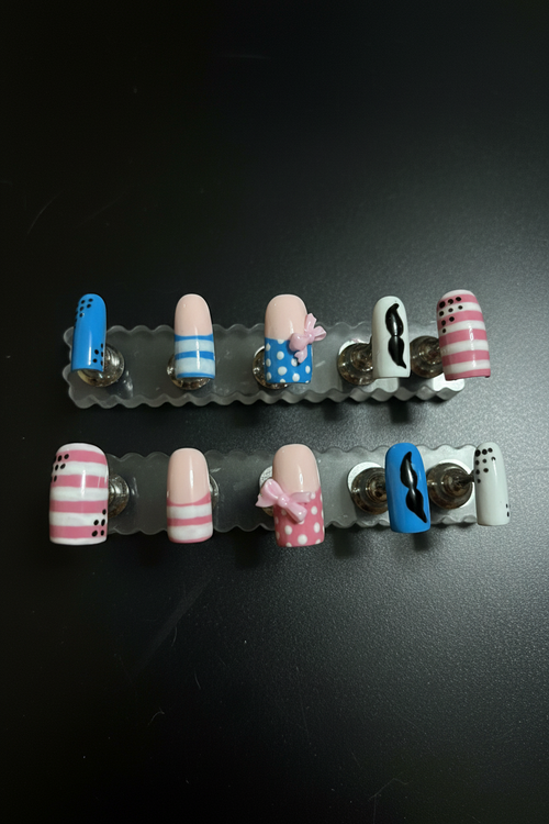 Pink/Blue stripped and polka dot press on nails